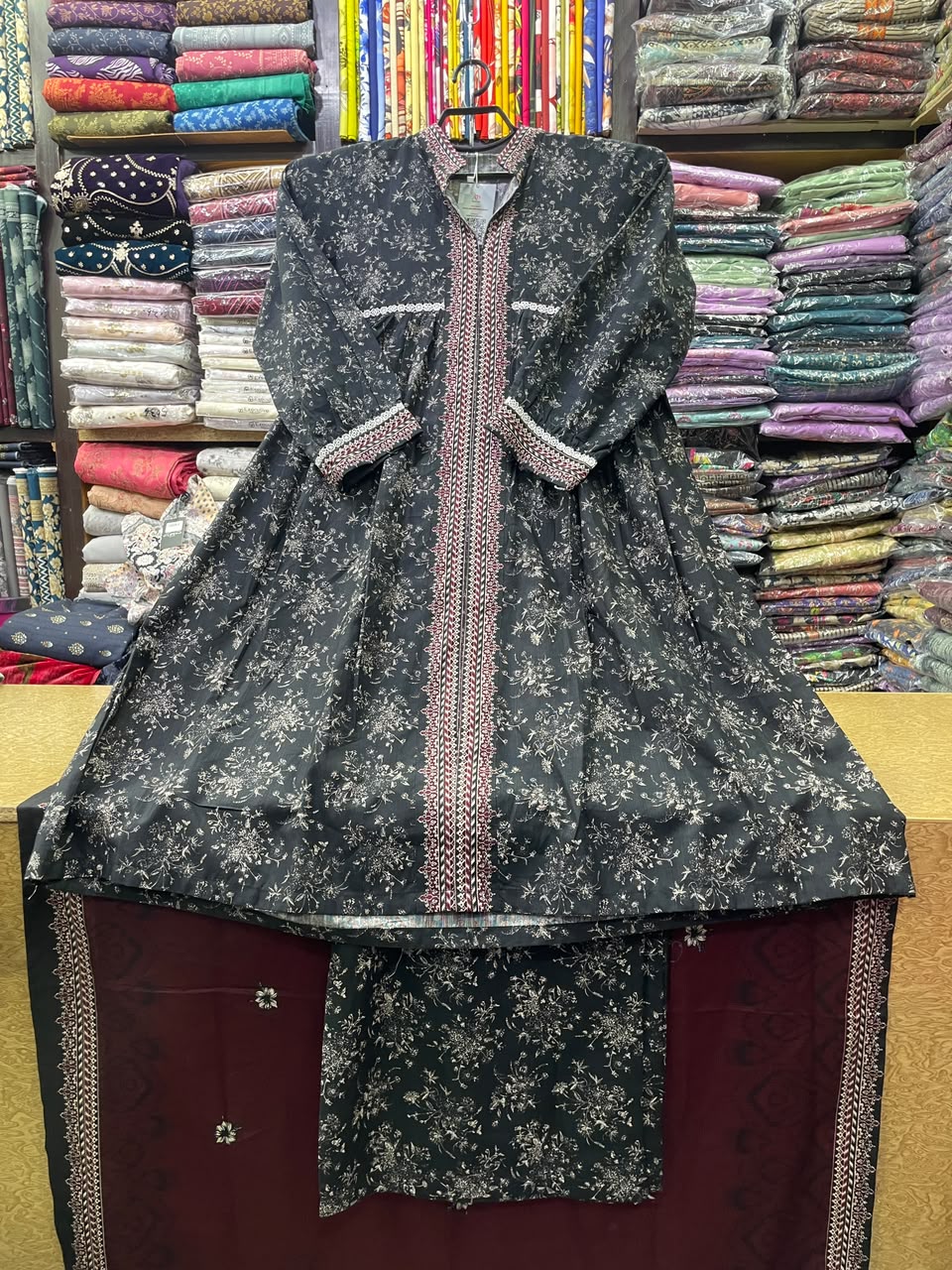 Bin Saeed Dark Floral Printed Khaddar Long Frock Suit with Trouser and Dupatta