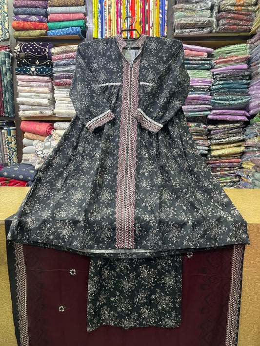 Bin Saeed Dark Floral Printed Khaddar Long Frock Suit with Trouser and Dupatta