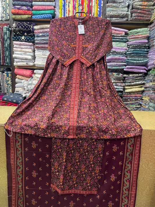 Bin Saeed Maroon Printed Khaddar Long Frock Suit with Trouser and Dupatta