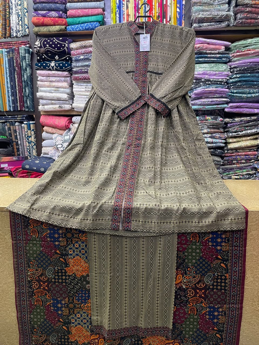 Bin Saeed Printed Khaddar Long Frock Suit with Trouser and Dupatta