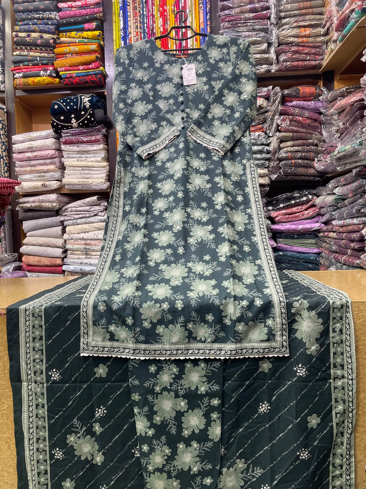 Bin Saeed 3-Piece Printed Khaddar Suit – Charcoal Gray Long Shirt (50" Length) with Side Pocket, Printed Trouser & Dupatta