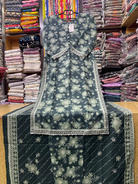 Bin Saeed 3-Piece Printed Khaddar Suit – Charcoal Gray Long Shirt (50" Length) with Side Pocket, Printed Trouser & Dupatta