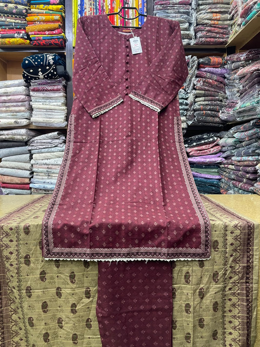 Bin Saeed Maroon Pocket Style Long Length 3-Piece Printed Suit (50" Shirt Length) with Contrast Dupatta & Matching Trouser