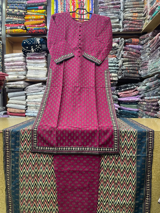Bin Saeed Magenta Pink Pocket Style Long Length 3-Piece Printed Suit (50" Shirt Length) with Chevron Dupatta & Matching Trouser