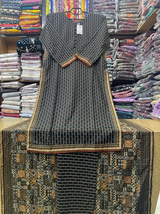 Bin Saeed Charcoal Black Pocket Style Long Length 3-Piece Printed Suit (50" Shirt Length) with Ajrak Pattern Dupatta & Matching Trouser