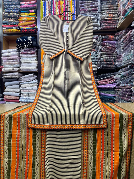 Bin Saeed Striped Pocket Style Long Length 3-Piece Printed Suit (50" Shirt Length) with Orange & Olive Patterned Dupatta