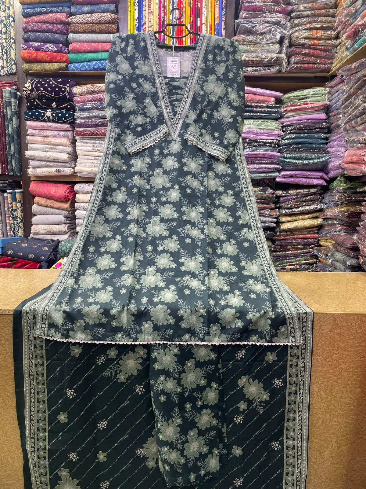 Elegant Charcoal Grey Printed Anarkali Kurti & Dupatta Set with Embroidered Neckline