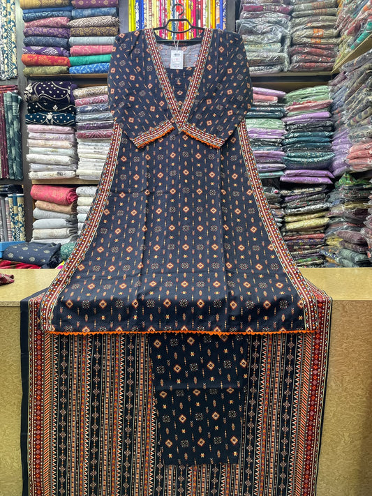 Bin Saeed 3-Piece Printed Khaddar A-Line Suit Set with Geometric Diamond Print & Orange Lace Detailing