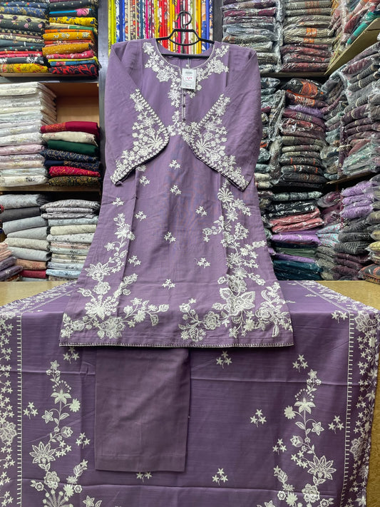 3-Piece Stitched Heavy Embroidered Khaddar Suit with Floral Dupatta & Plain Trouser