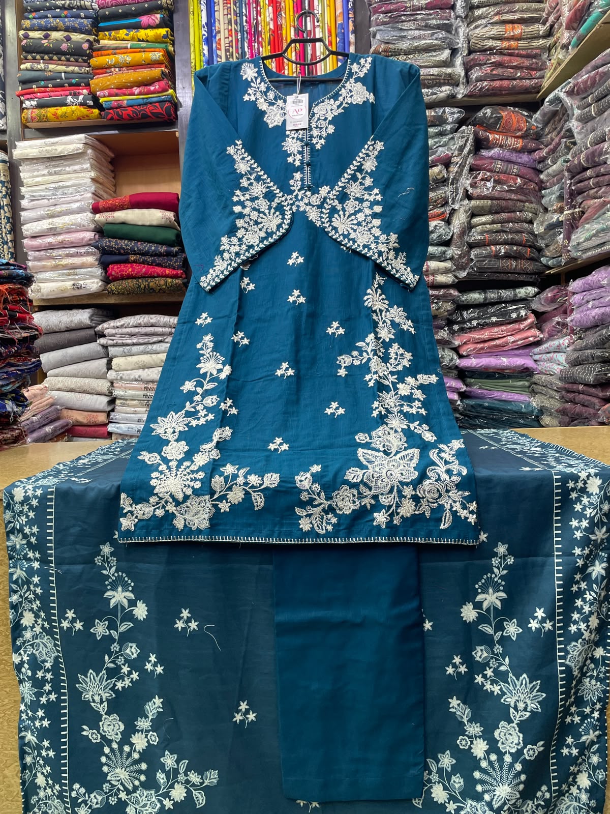 3-Piece Stitched Heavy Embroidered Khaddar Suit with Floral Dupatta & Plain Trouser