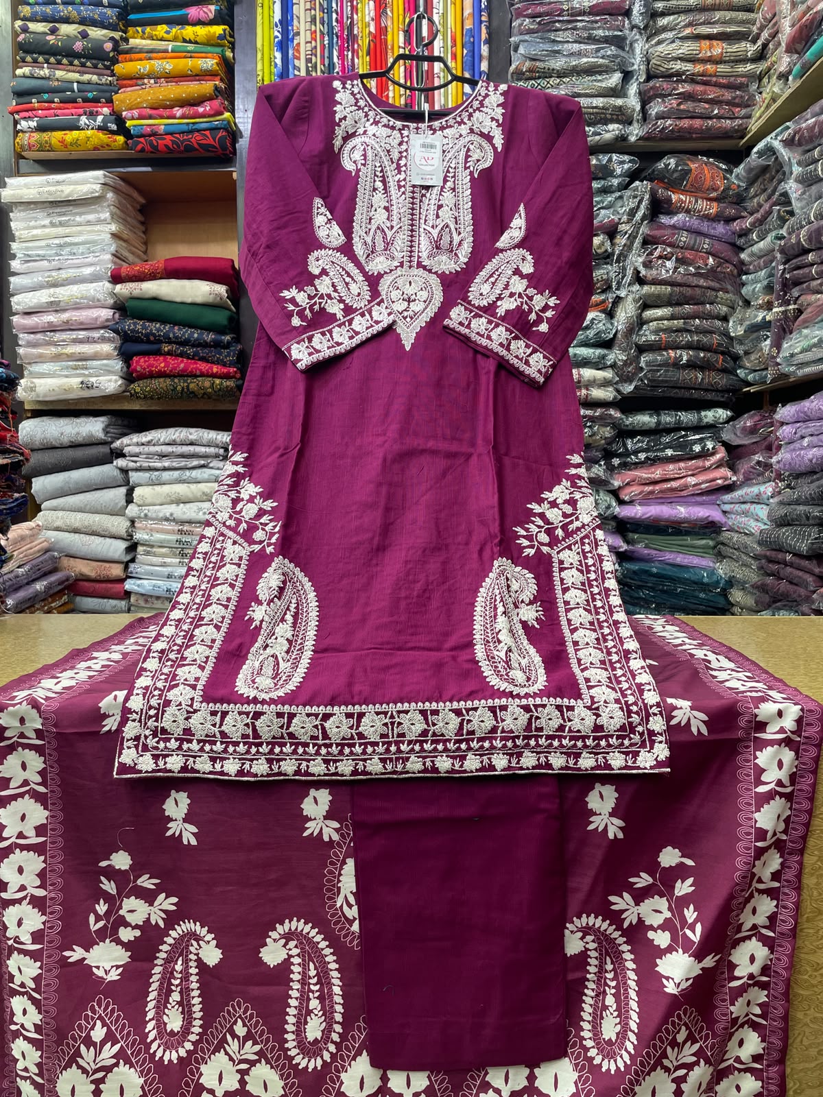 3-Piece Stitched Paisley Embroidered Khaddar Suit with Matching Dupatta & Trouser