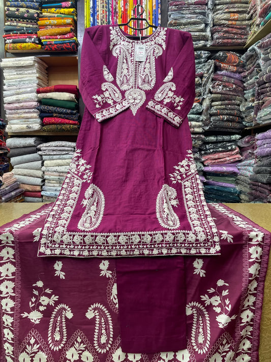 3-Piece Stitched Paisley Embroidered Khaddar Suit with Matching Dupatta & Trouser