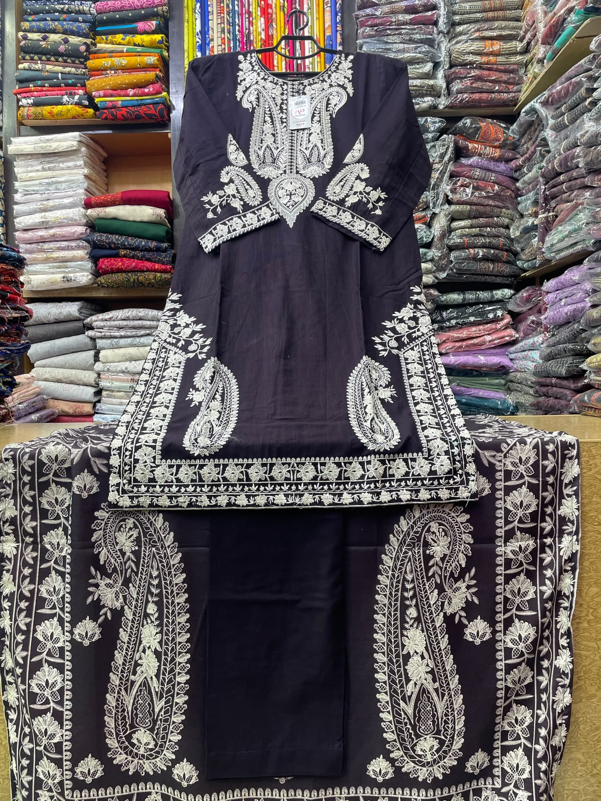 3-Piece Stitched Paisley Embroidered Khaddar Suit with Matching Dupatta & Trouser