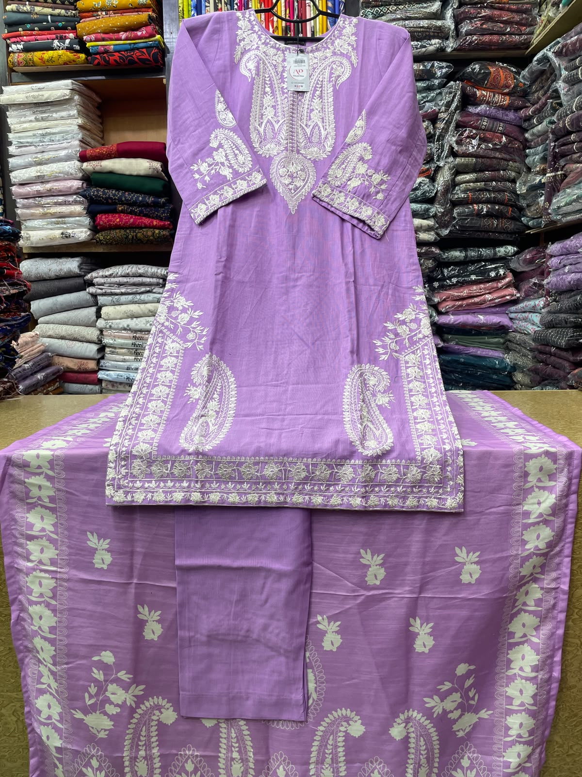 3-Piece Stitched Paisley Embroidered Khaddar Suit with Matching Dupatta & Trouser