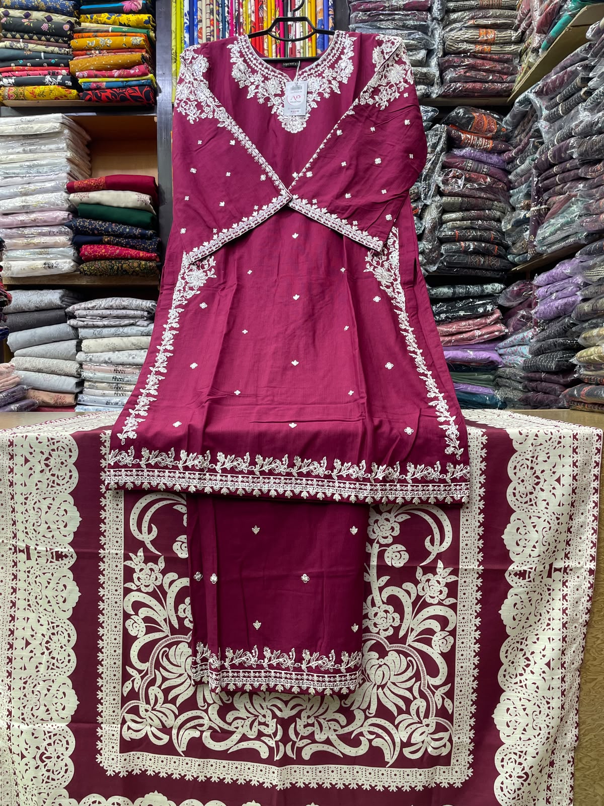 3-Piece Stitched All-Over Booti Embroidered Khaddar Suit with Lace Dupatta