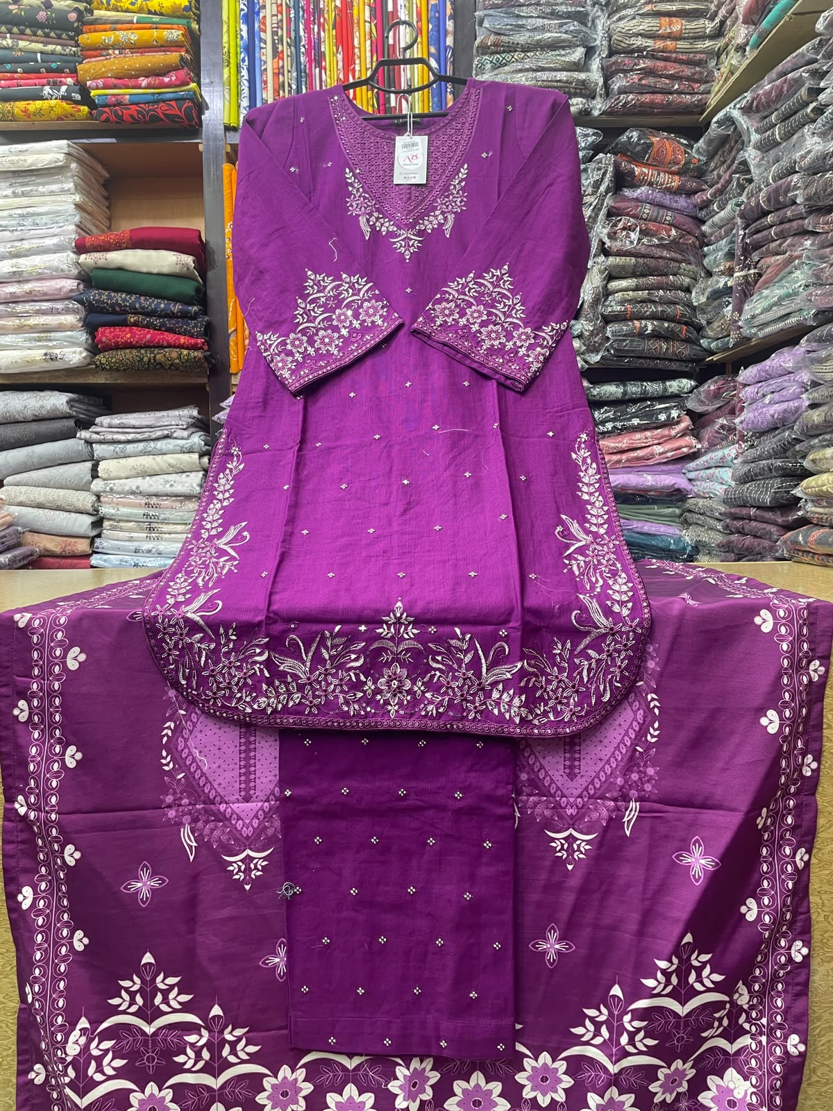3-Piece Stitched Rounded Daman Embroidered Khaddar Suit with Printed Dupatta