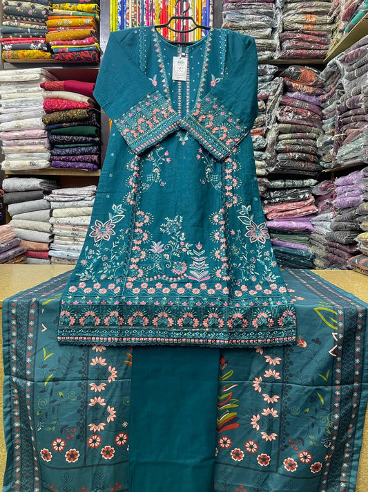 3-Piece Stitched Heavy Panel Embroidered Khaddar Suit with Printed Dupatta