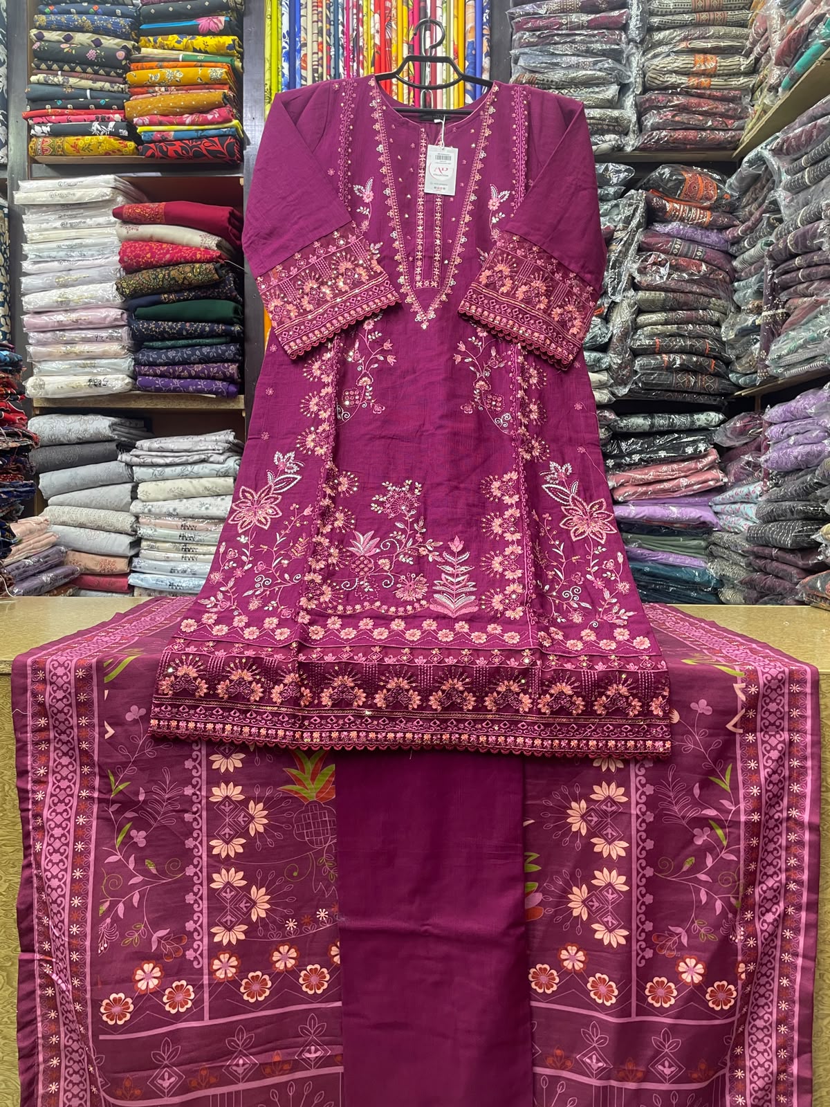3-Piece Stitched Heavy Panel Embroidered Khaddar Suit with Printed Dupatta