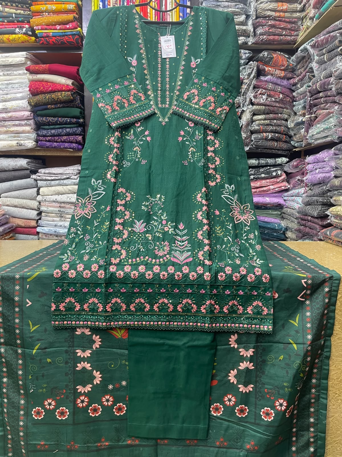 3-Piece Stitched Heavy Panel Embroidered Khaddar Suit with Printed Dupatta