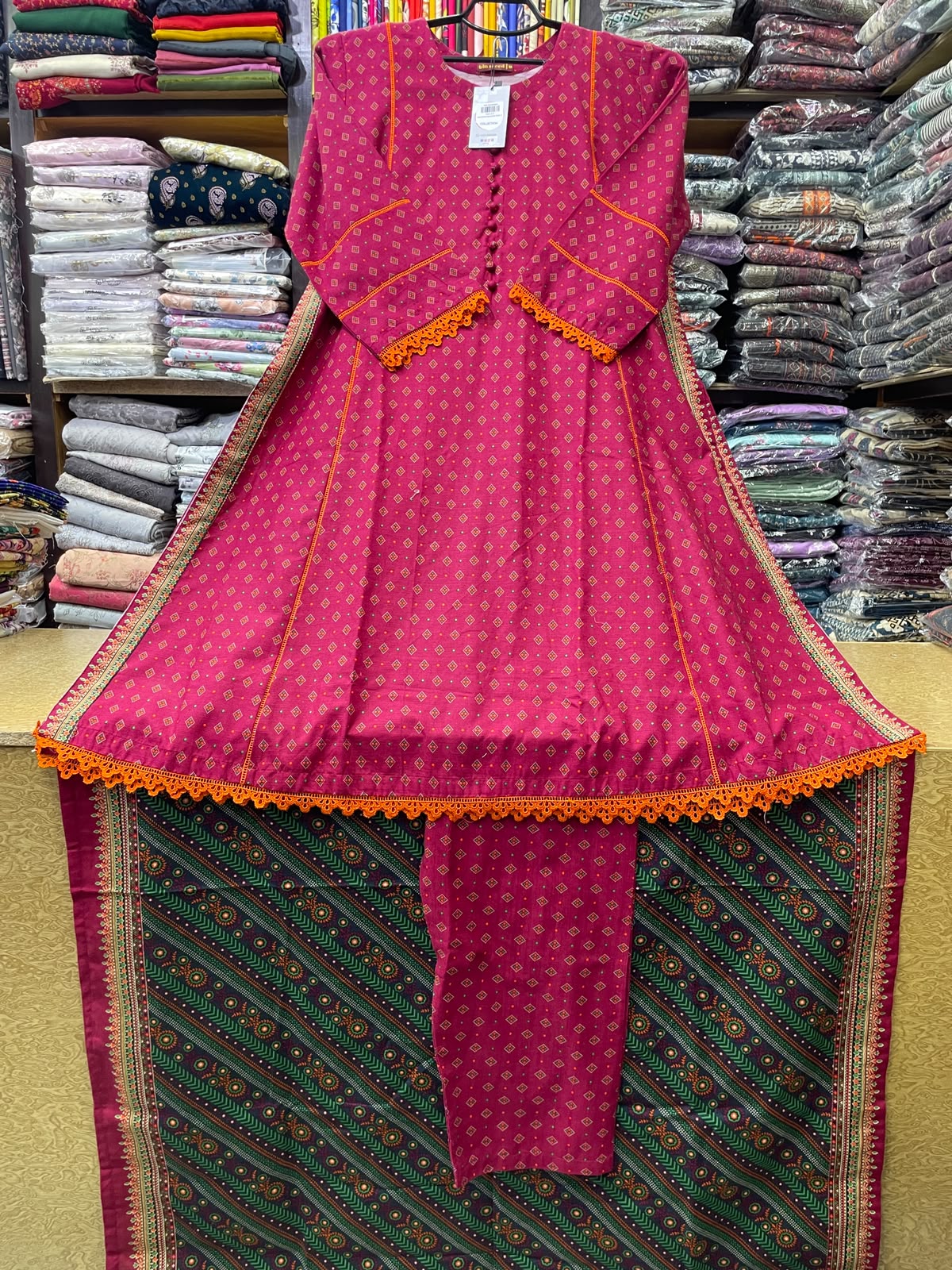 Bin Saeed 3-Piece Stitched Khaddar Suit | Bright Magenta Pink A-Line Frock & Patterned Dupatta Set