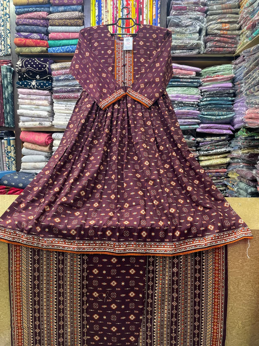 Bin Saeed 3-Piece Stitched Khaddar Suit | Deep Plum & Rust Geometric Printed Flared Frock Set
