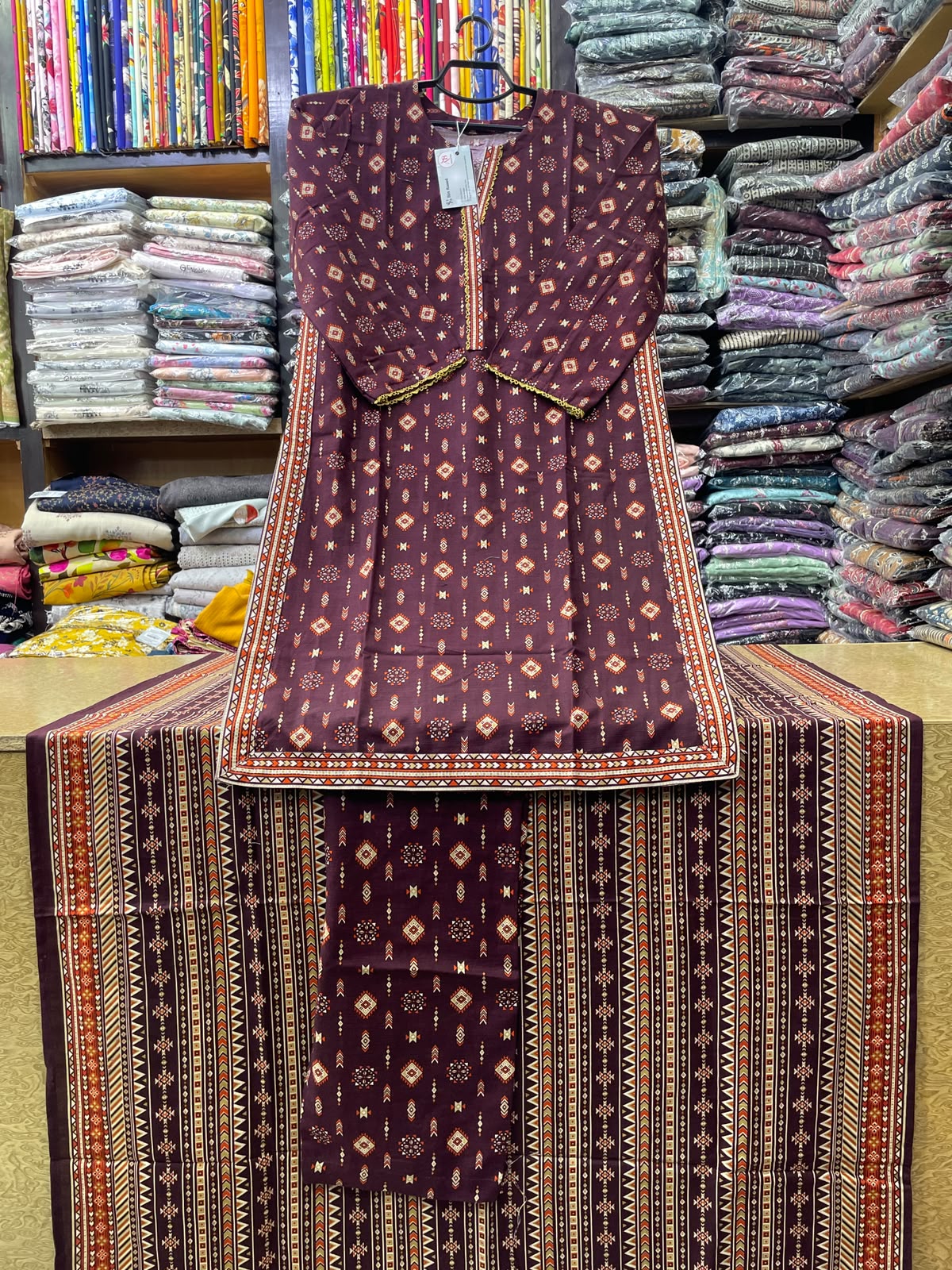 Bin Saeed 3-Piece Geometric Printed Khaddar Suit with Matching Trouser & Shawl