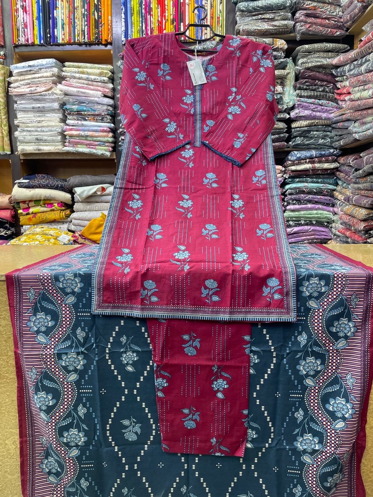 Bin Saeed 3-Piece Floral Printed Khaddar Suit with Matching Trouser & Contrast Shawl