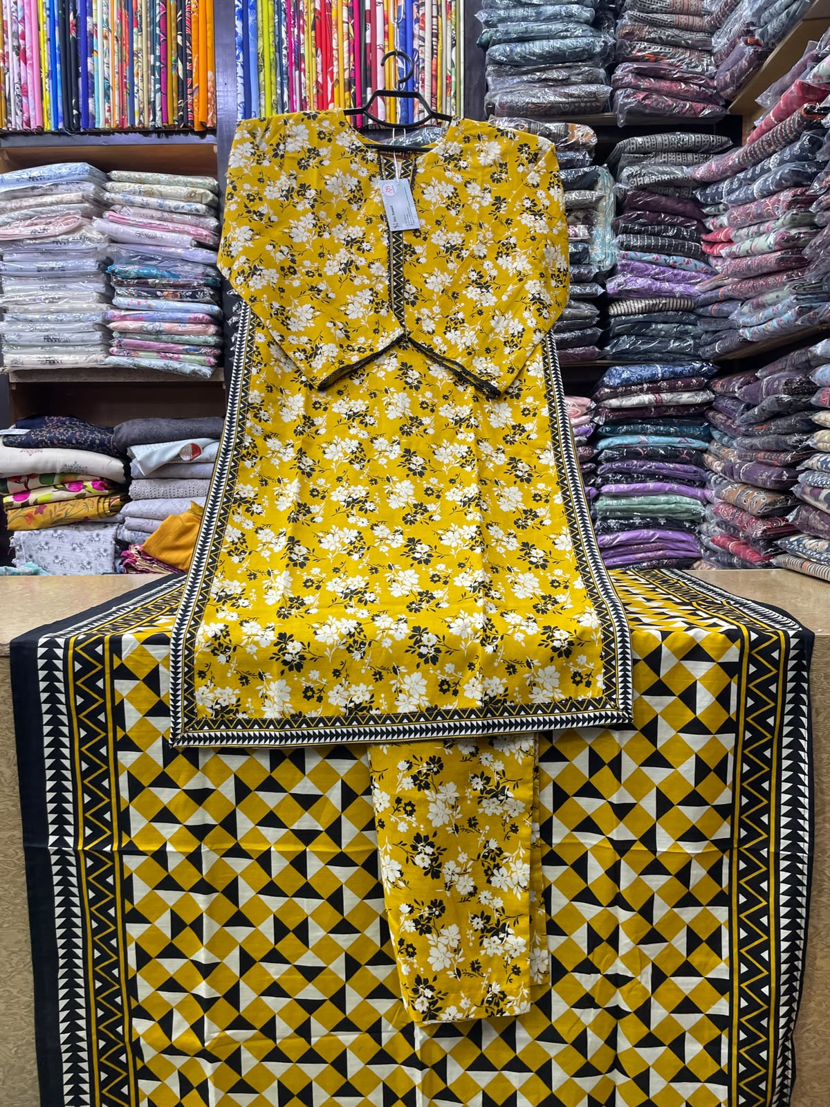 Bin Saeed 3-Piece Mustard Floral Printed Khaddar Suit with Matching Trouser & Geometric Shawl