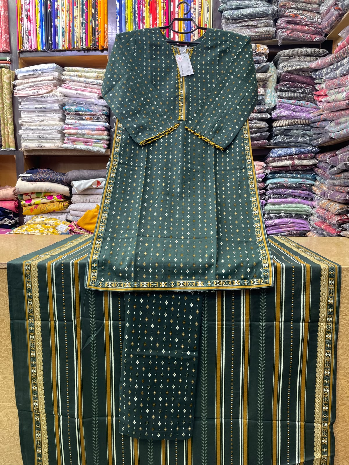 Bin Saeed 3-Piece Small Motif Printed Khaddar Suit with Matching Trouser & Striped Shawl