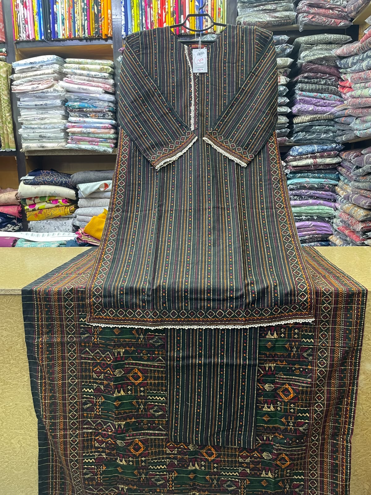 Bin Saeed 3-Piece Vertical Striped Khaddar Suit with Matching Trouser & Tribal Printed Shawl