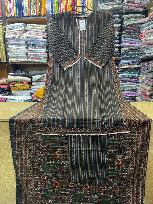 Bin Saeed 3-Piece Vertical Striped Khaddar Suit with Matching Trouser & Tribal Printed Shawl