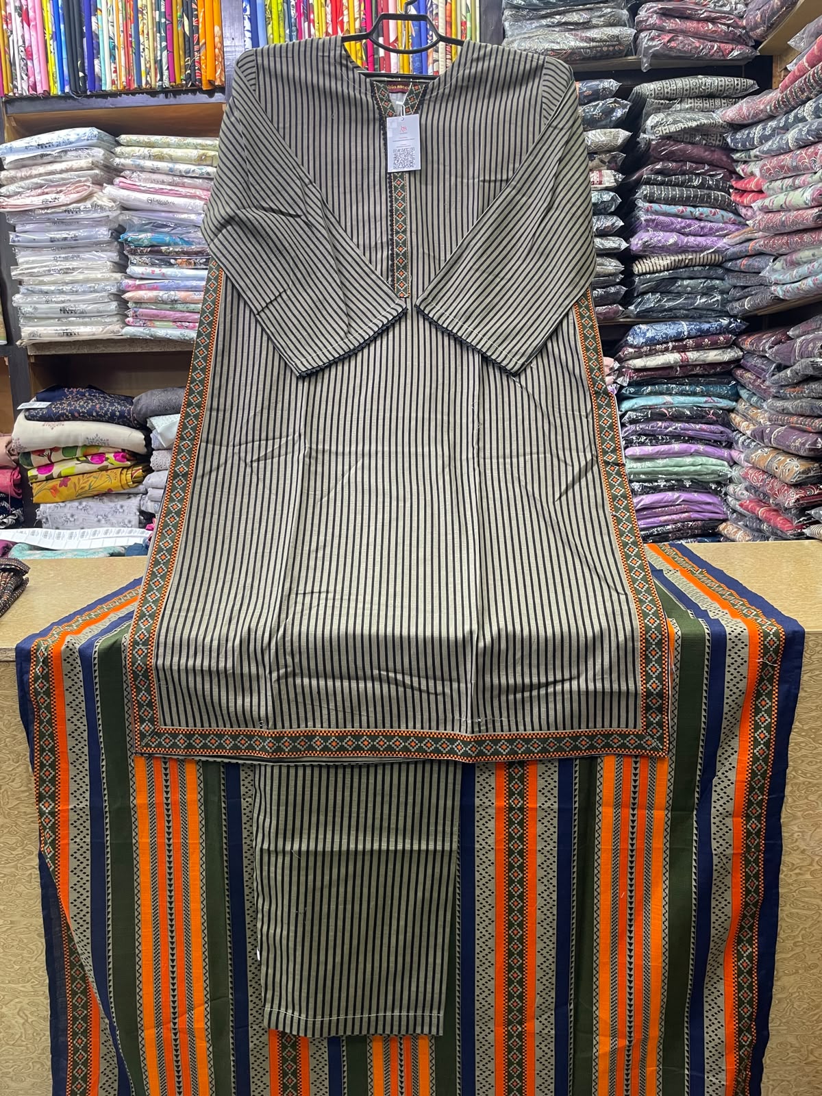 Bin Saeed 3-Piece Olive Striped Khaddar Suit with Matching Trouser & Multi-Color Shawl