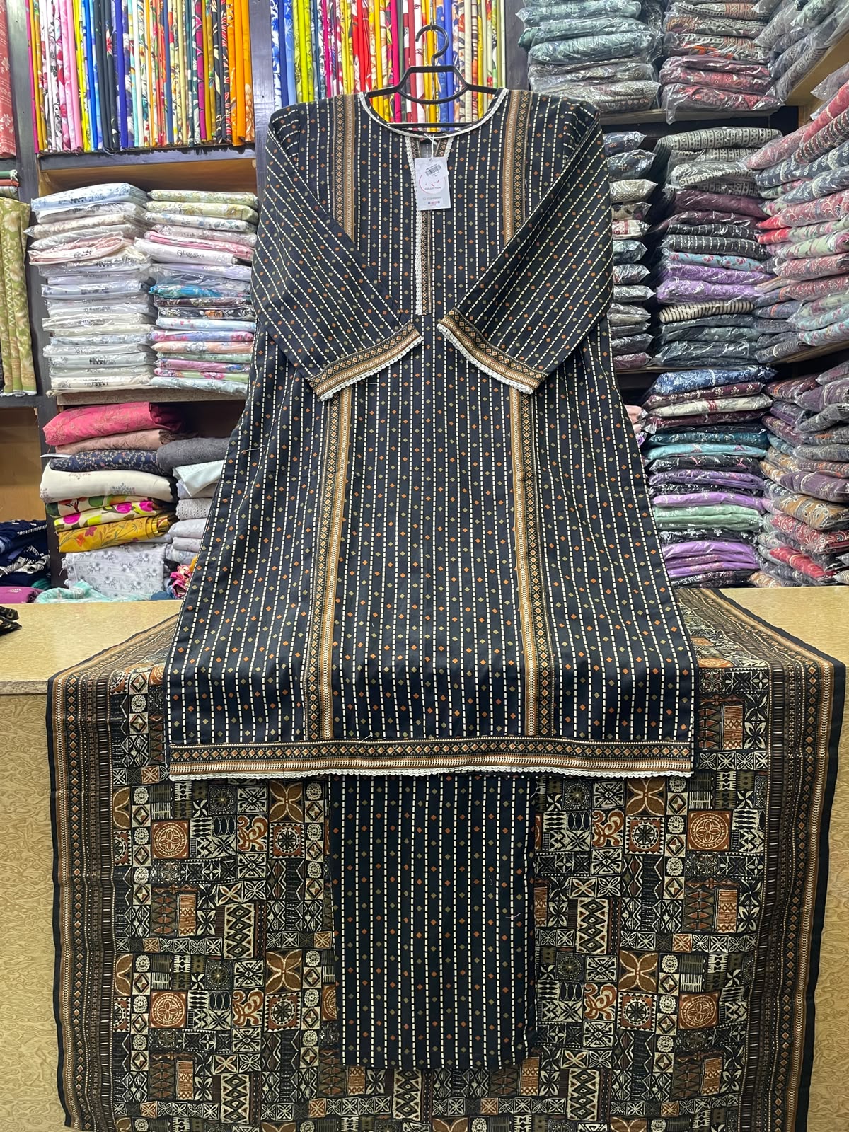 Bin Saeed Striped Khaddar 3-Piece Suit with Traditional Printed Shawl