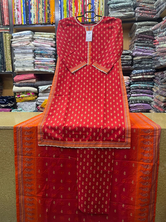 Bin Saeed Printed Khaddar 3-Piece Suit with Printed Shawl – Vibrant Red & Orange Floral Design