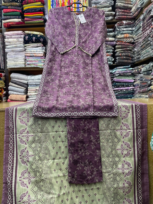 Bin Saeed Original Dusty Purple Floral Printed Khaddar 3 Piece Suit with Pistachio Green Khaddar Dupatta