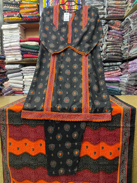 Bin Saeed Original Black Paisley Printed Khaddar 3 Piece Suit with Orange & Rust Wave Dupatta