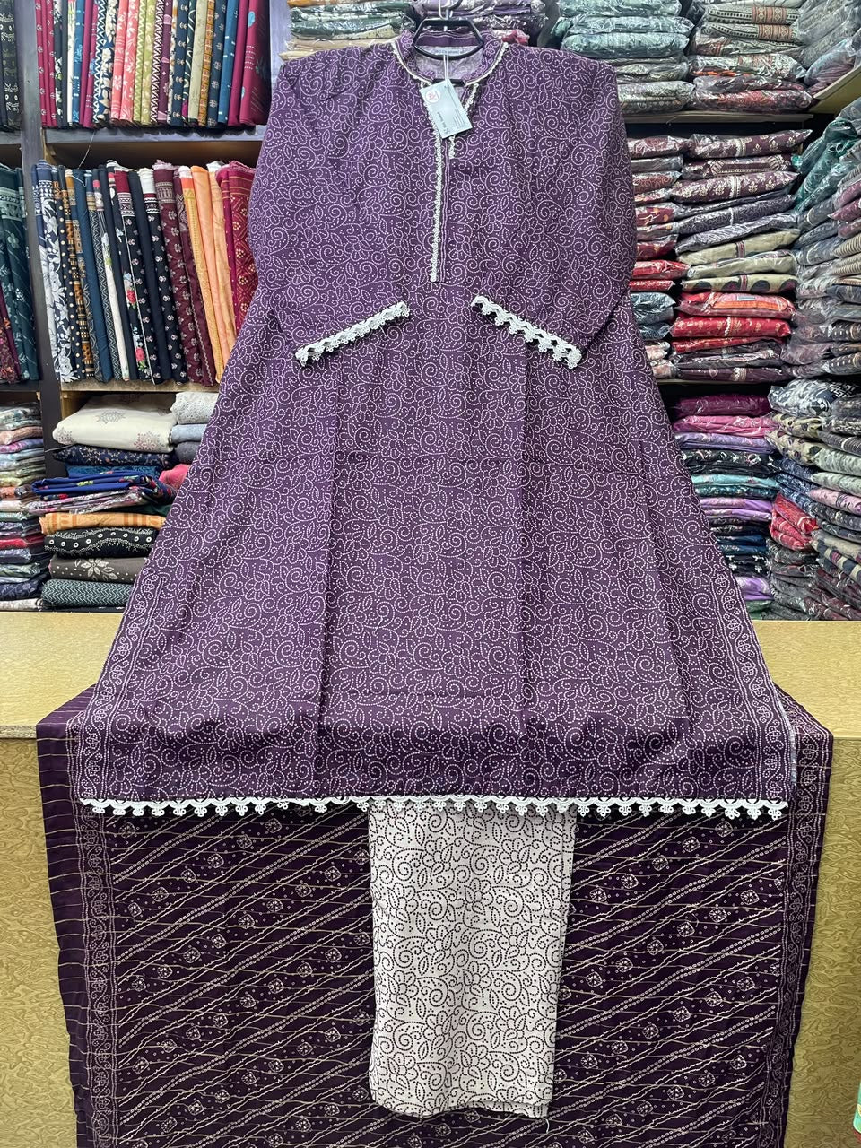 Bin Saeed Printed Khaddar 3-Piece Suit – Deep Purple Long Kaftan Style (Shirt Length 45+ Inches)