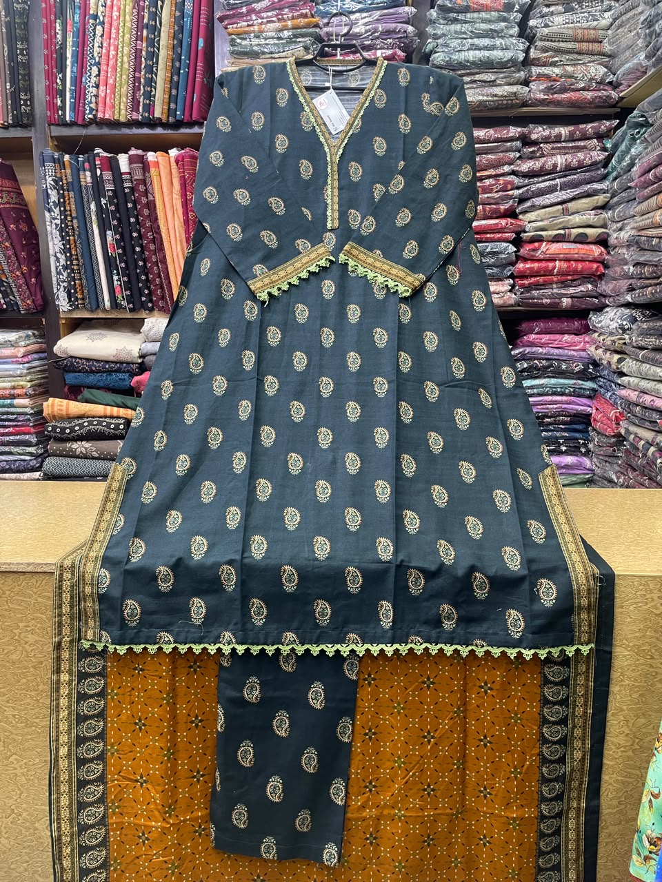 Bin Saeed Printed Khaddar 3-Piece Suit – Dark Slate Teal Long Kaftan Style (Shirt Length 45+ Inches)