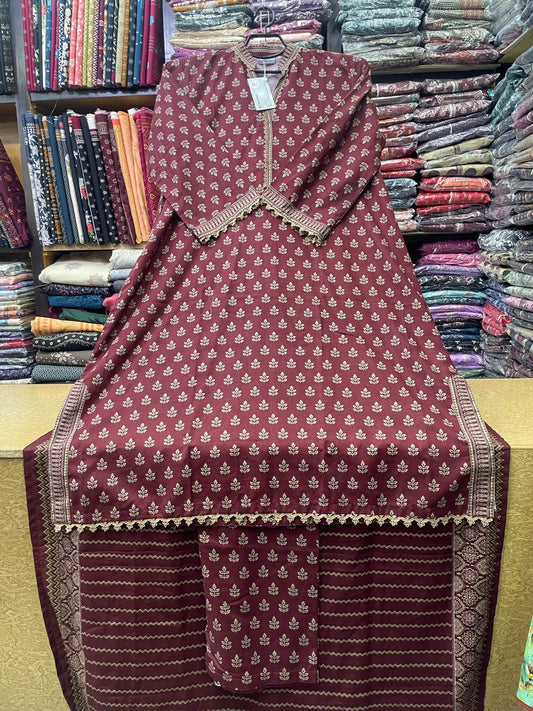 Bin Saeed Printed Khaddar 3-Piece Suit – Deep Wine Maroon Long Kaftan (Shirt Length 45+ Inches)