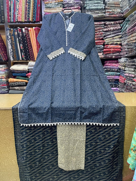 Bin Saeed Printed Khaddar 3-Piece Suit – Midnight Navy Blue Long Kaftan Style (Shirt Length 45+ Inches)
