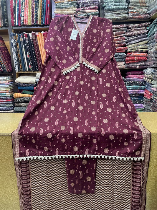 Bin Saeed Printed Khaddar 3-Piece Suit – Deep Plum Paisley Long Kaftan (Shirt Length 45+ Inches)