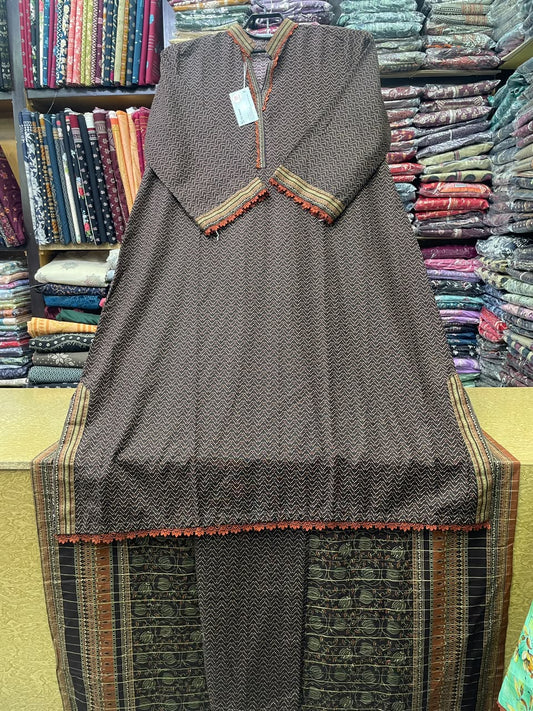 Bin Saeed Printed Khaddar 3-Piece Suit – Dark Brown Chevron Long Kaftan (Shirt Length 45+ Inches)
