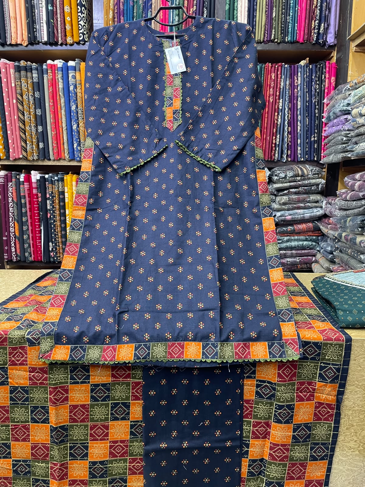 Original Bin Saeed 3-Piece Printed Khaddar Suit with Matching Trouser & Geometric Patchwork Printed Dupatta – Navy Blue