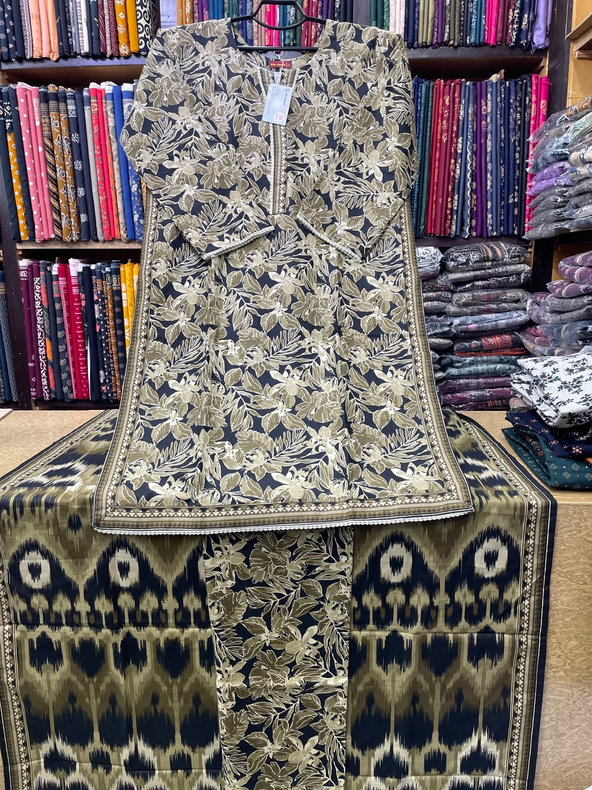 Bin Saeed Printed Khaddar 3-Piece Suit – Olive & Black Floral Leaf Shirt, Matching Trouser & Ikat Dupatta