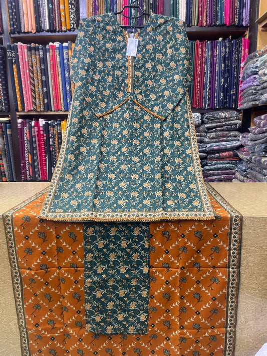 Option 1 (SEO Focused): Bin Saeed Printed Khaddar 3-Piece Suit – Dark Teal Floral Shirt, Matching Trouser & Rust Printed Dupatta