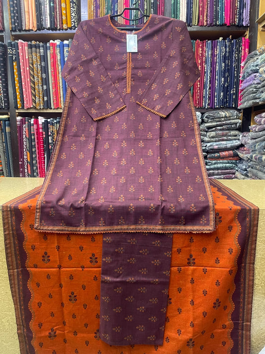 Bin Saeed Printed Khaddar 3-Piece Suit – Plum Purple Printed Shirt, Matching Trouser & Rust Contrast Dupatta