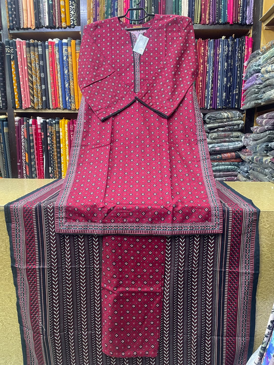 Bin Saeed Printed Khaddar 3-Piece Suit – Deep Red Geometric Printed Shirt, Matching Trouser & Black Border Dupatta