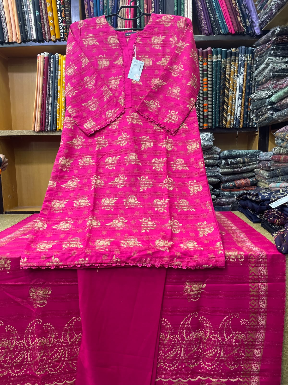 Bin Saeed Printed Wool Marina 3-Piece Suit – Bright Pink Gold Motif Shirt, Plain Trouser & Paisley Dupatta