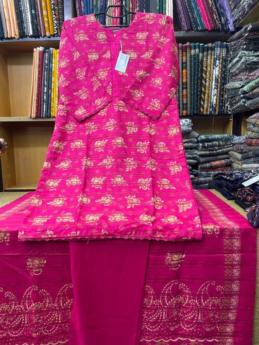 Bin Saeed Printed Wool Marina 3-Piece Suit – Bright Pink Gold Motif Shirt, Plain Trouser & Paisley Dupatta