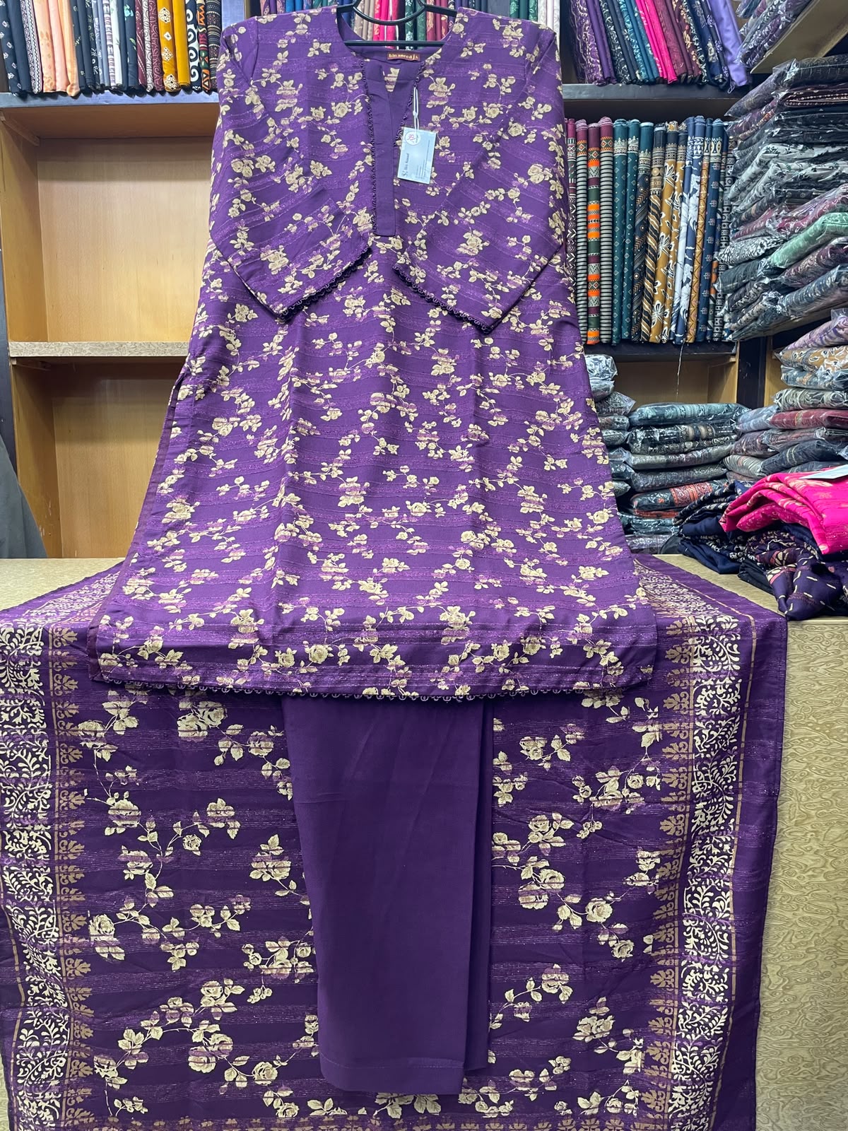 Bin Saeed Printed Wool Marina 3-Piece Suit – Deep Violet Floral Shirt, Plain Trouser & Floral Border Dupatta